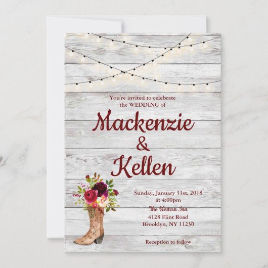 Invitation Pays Western Boot Boho Rustique Marsala Mariage (Devant)