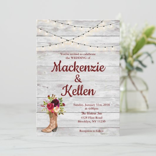 Invitation Pays Western Boot Boho Rustique Marsala Mariage (Debout devant)