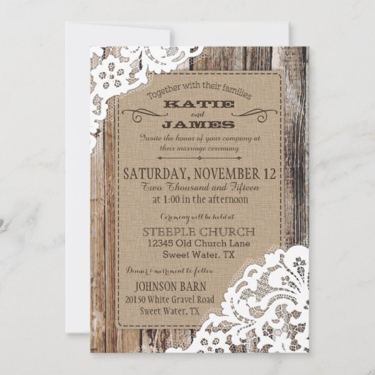 Invitation Pays Western Dentelle de bois Mariage rustique (Devant)