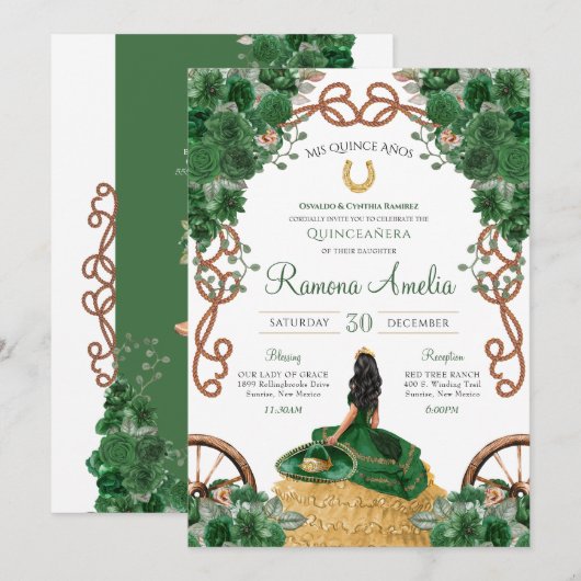 Invitation Pays Western Emerald Green Floral Quinceañera (Devant / Derrière)