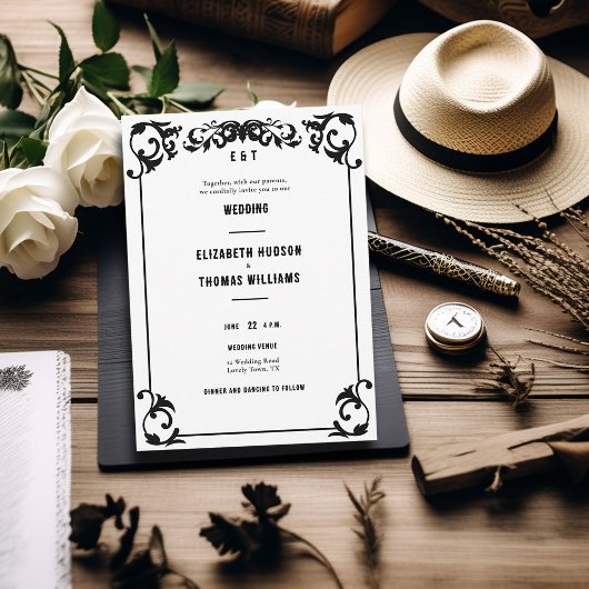 Invitation Pays Western Minimal noir blanc Mariage officiel