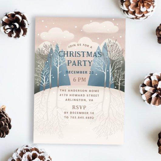 Invitation Paysage boisé d'hiver. fête de Noël
