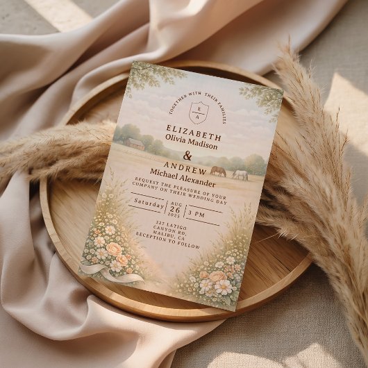 Invitation Paysage champêtre aux pastels doux pour mariage