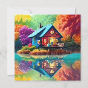 Invitation Paysage coloré avec chalet et lac-65456