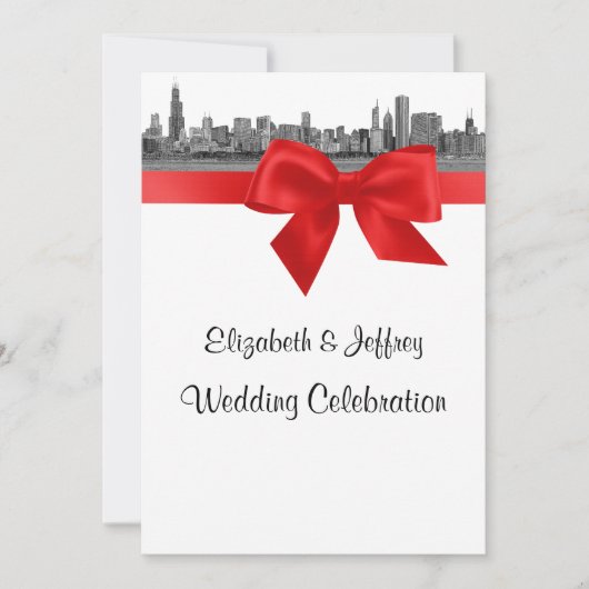 Invitation Paysage de Chicago gravé BW Red Mariage (Devant)