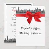 Invitation Paysage de Chicago gravé BW Red Mariage (Devant / Derrière)