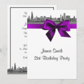 Invitation Paysage de Chicago Gravé BW Violet Fête d'annivers (Devant / Derrière)