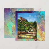 Invitation PAYSAGE DE LA TOSCANE, étincelles bleu vert or (Devant / Derrière)