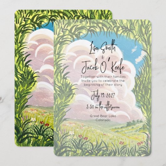 Invitation Paysage de mariage illustré peint à la main (Devant / Derrière)