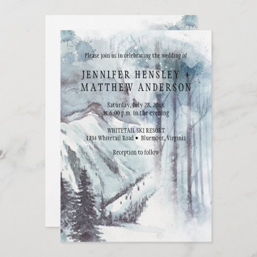 Invitation Paysage de neige Pine Trees Montagnes Mariage | (Devant / Derrière)