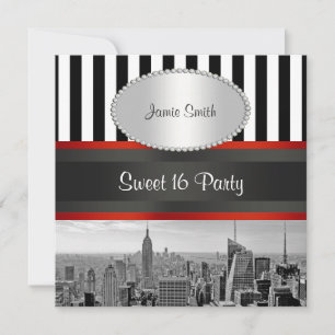 Invitation Paysage de NYC en noir et blanc rayé pour une fête