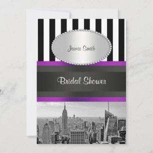 Invitation Paysage de NYC en noir et blanc rayé violet et noi