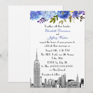Invitation Paysage de NYC ESB Gravure Bleu Jaune Floral Maria