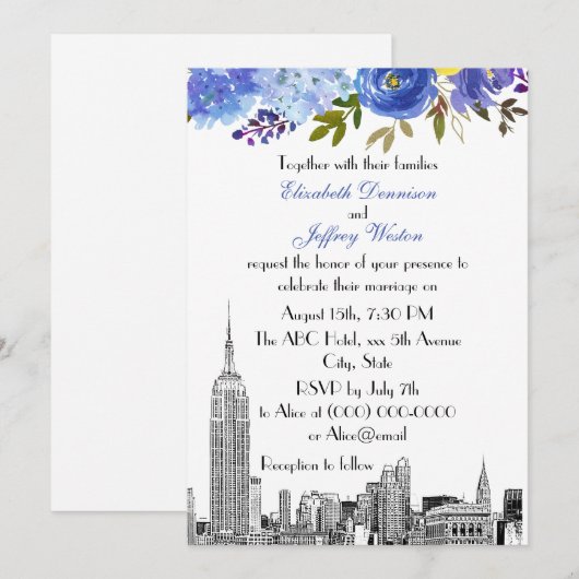 Invitation Paysage de NYC ESB Gravure Bleu Jaune Floral Maria (Devant / Derrière)