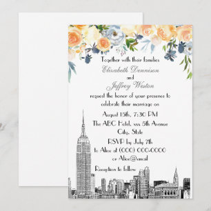 Invitation Paysage de NYC ESB Gravure Bleus Pêche Floral Mari