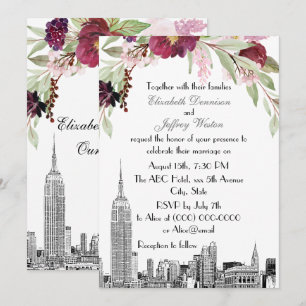 Invitation Paysage de NYC ESB Gravure Bordeaux Rose Floral Ma