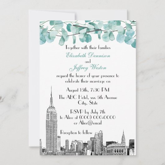 Invitation Paysage de NYC ESB Gravure Eucalyptus Mariage (Devant)