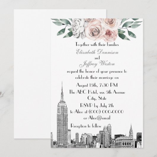 Invitation Paysage de NYC ESB Gravure Lt Rose Gris Fleur Mari (Devant / Derrière)