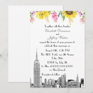 Invitation Paysage de NYC ESB Gravure Tournesol Rose Fleur Ma