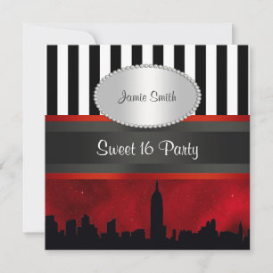 Invitation Paysage de NYC Sil Rouge Ciel Blk Wht Rayure P Swe