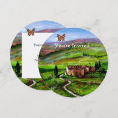 INVITATION PAYSAGE DE TOSCANE. COLLINES VERTES AVEC PAPILLON (Devant / Derrière)