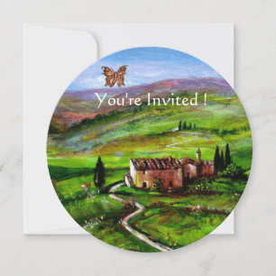 INVITATION PAYSAGE DE TOSCANE. COLLINES VERTES AVEC PAPILLON