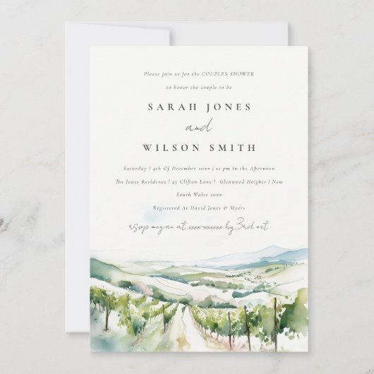 Invitation Paysage de vignoble à l'aquarelle douce pour douch (Devant)