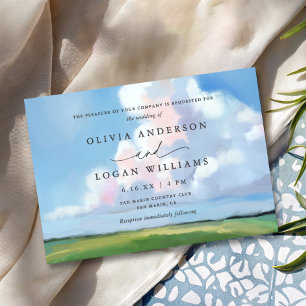 Invitation Paysage élégant peint ciel bleu nuages mariage