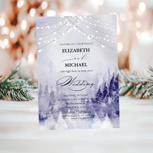 Invitation Paysage hivernal violet neige script