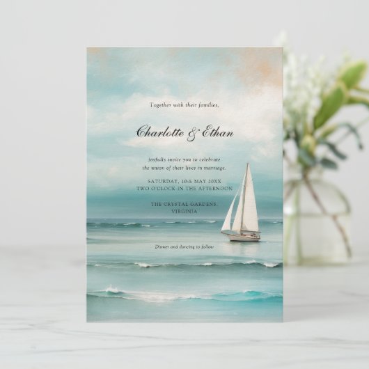 Invitation Paysage marin "voilier" Mariage élégant (Debout devant)