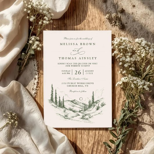 Invitation Paysage Rustique de Forêt de Bois QR Code Mariage