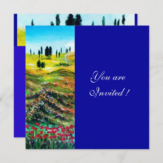 Invitation PAYSAGE TOSCANE AVEC POPIES, bleu (Devant / Derrière)