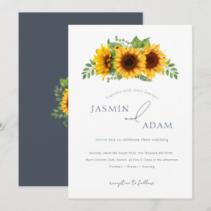 Invitation Paysage Tournesol Floral Ardoise Bleu Mariage