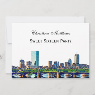 Invitation Paysage urbain de Boston #2Col Fête Sweet 16