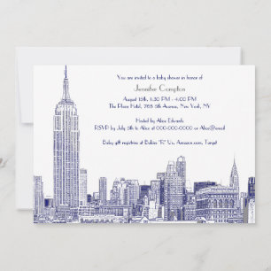 Invitation Paysage urbain de NYC 01 Gravé Wht Baby Shower Ble