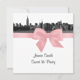 Invitation Paysage urbain de NYC en noir et blanc, rose, Swee