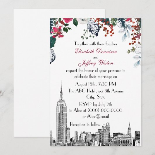 Invitation Paysage urbain de NYC ESB Gravure Burg Blu Floral  (Devant / Derrière)