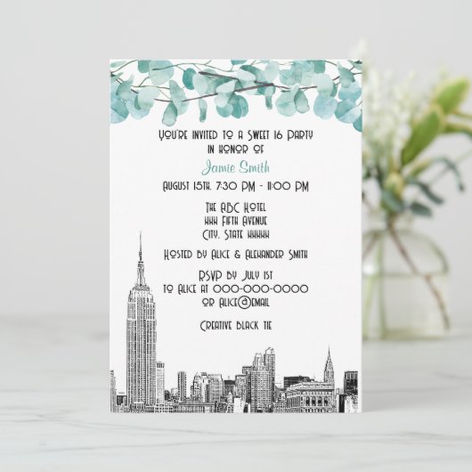 Invitation Paysage urbain de NYC ESB Gravure Eucalyptus Sweet (Debout devant)
