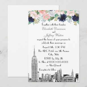 Invitation Paysage urbain de NYC ESB Gravure Rose Blanc Bleu