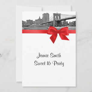 Invitation Paysage urbain de NYC étendu gravé BB BW Rouge Swe