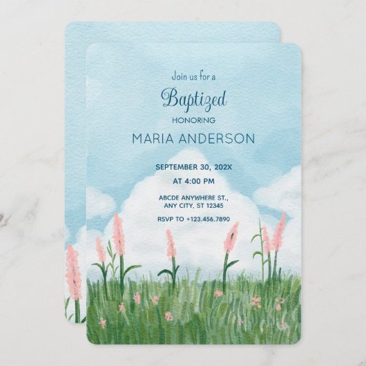 Invitation Paysage vert champ bleu ciel Baptisé (Devant / Derrière)