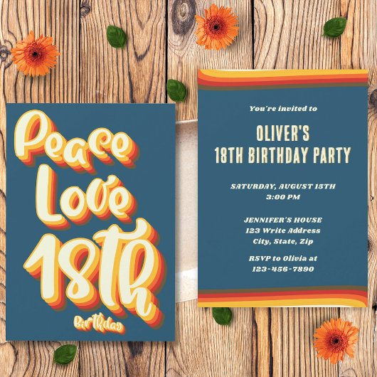 Invitation Peace Love Blue Retro Coucher de soleil Super 18e