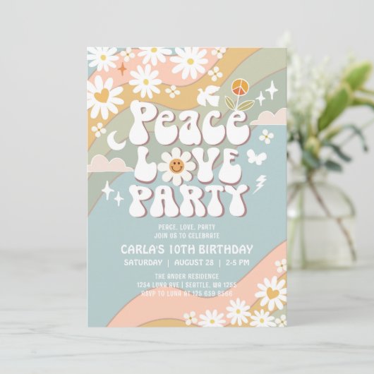 Invitation Peace Love Party Daisy Hippie les années 70 Annive (Debout devant)