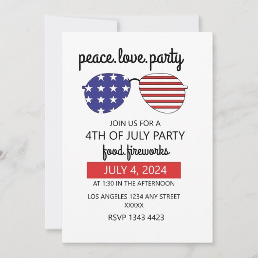 Invitation Peace Love Party Happy 4 juillet (Devant)