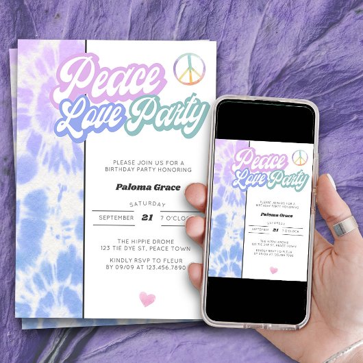 Invitation Peace Love Party Pastel Tie Dye Tout âge Anniversa