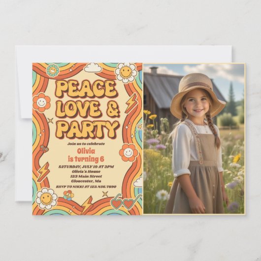 Invitation Peace Love Party Retro Arc-en-ciel 6e anniversaire (Devant)