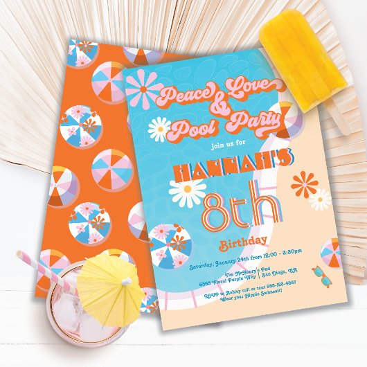 Invitation Peace Love & Pool Party Anniversaire Hippie