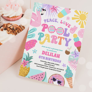 Invitation Peace Love Pool Party Piscine d'été Super Annivers
