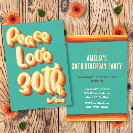 Invitation Peace Love Retro Super Sunset 30e anniversaire