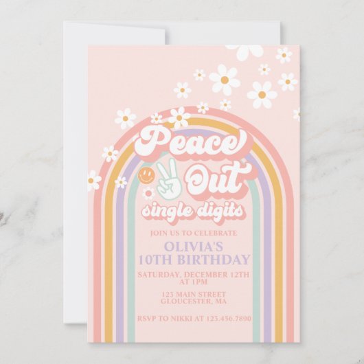 Invitation Peace out Chiffres simples arc-en-ciel 10e anniver (Devant)